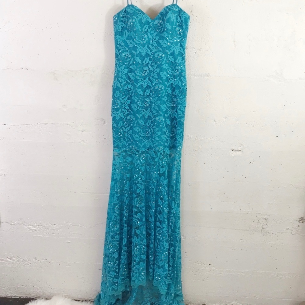 Flirt by Maggie Sotero Blue beaded Lace Prom Dress